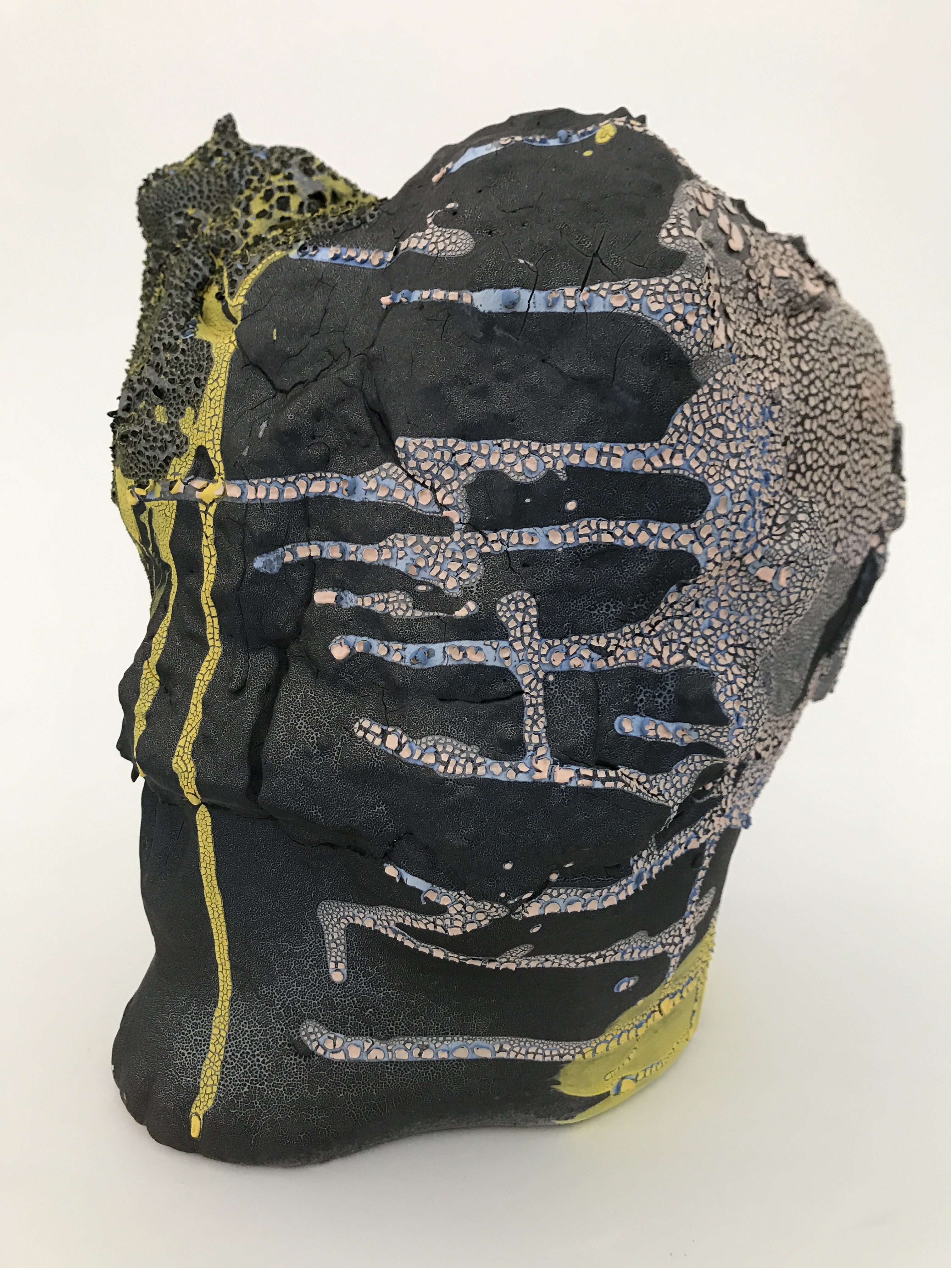 Brian Rochefort. <em>Skull Planter</em>,  2017. Terra cotta, glaze and glass fragments, 9 x 10 x 11 inches (22.9 x 25.4 x 27.9 cm)