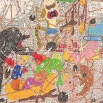 Camilo Restrepo. <em>Tight Rope #10 (Diablo Rojo)</em>, 2016. Ink, water-soluble wax pastel, tape and saliva on paper, 63 x 48 inches (160 x 121.9 cm) Detail