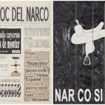 Camilo Restrepo. <em>El Bloc Del Narco #6 </em>, 2016. Ink, water-soluble wax pastel, tape, glue, newspaper clippings, staples, plastic bag, paper dust and saliva on paper, 16 1/2 x 24 inches (41.9 x 61 cm)