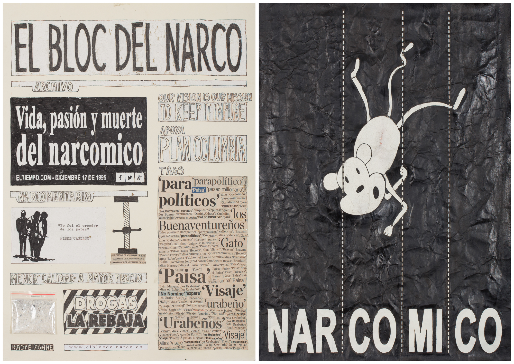 Camilo Restrepo. <em>El Bloc Del Narco #7</em>, 2016. Ink, water-soluble wax pastel, tape, glue, newspaper clippings, staples, plastic bag, paper dust and saliva on paper, 16 1/2 x 24 inches (41.9 x 61 cm)