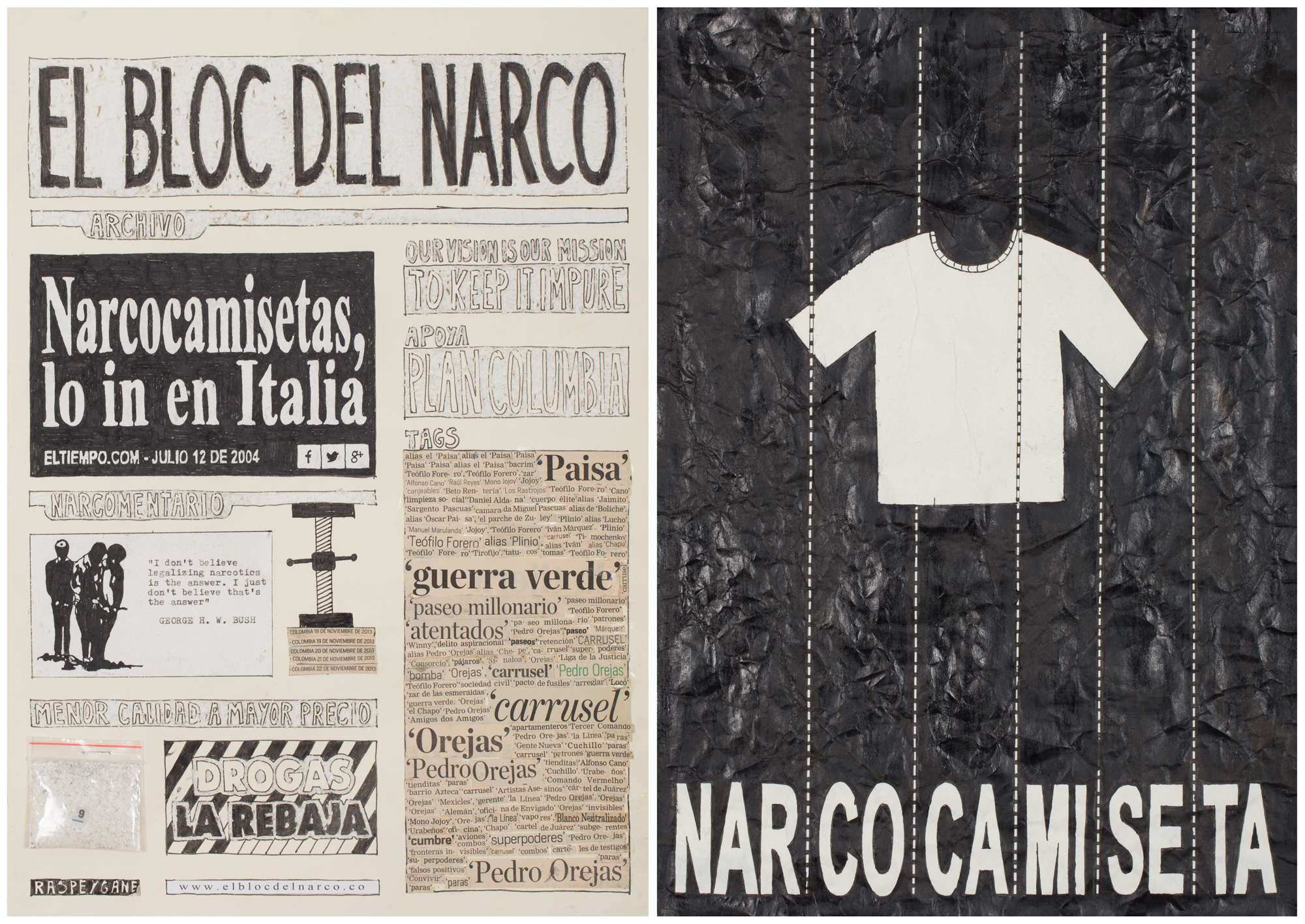Camilo Restrepo. <em>El Bloc Del Narco #9</em>, 2016. Ink, water-soluble wax pastel, tape, glue, newspaper clippings, staples, plastic bag, paper dust and saliva on paper, 16 1/2 x 24 inches (41.9 x 61 cm)