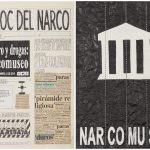 Camilo Restrepo. <em>El Bloc Del Narco #14</em>, 2016. Ink, water-soluble wax pastel, tape, glue, newspaper clippings, staples, plastic bag, paper dust and saliva on paper, 16 1/2 x 24 inches (41.9 x 61 cm)