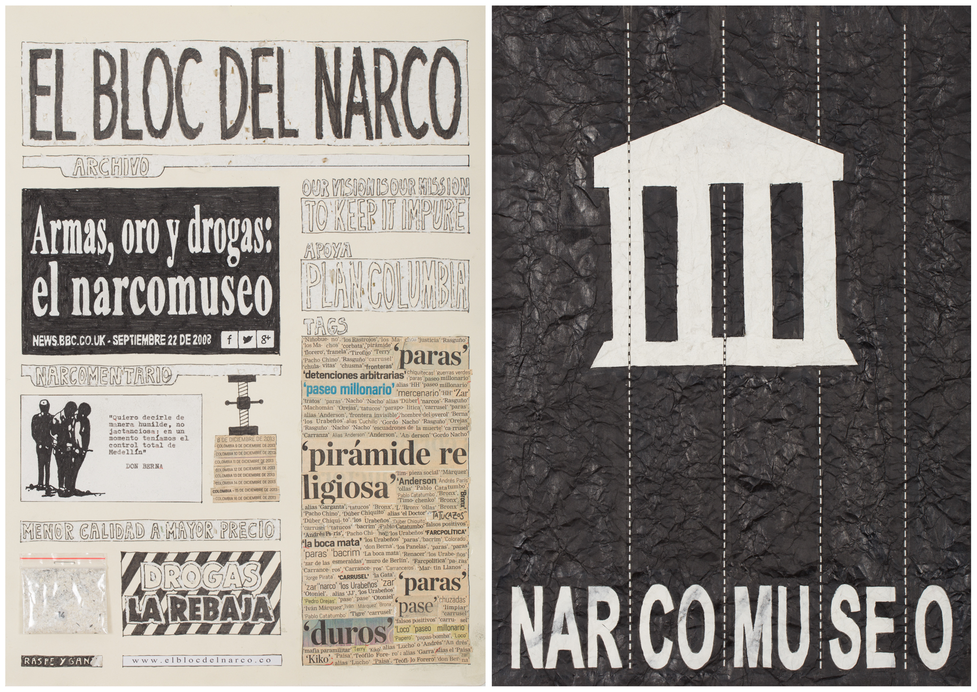 Camilo Restrepo. <em>El Bloc Del Narco #14</em>, 2016. Ink, water-soluble wax pastel, tape, glue, newspaper clippings, staples, plastic bag, paper dust and saliva on paper, 16 1/2 x 24 inches (41.9 x 61 cm)