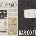 Camilo Restrepo. <em>El Bloc Del Narco #15</em>, 2016. Ink, water-soluble wax pastel, tape, glue, newspaper clippings, staples, plastic bag, paper dust and saliva on paper, 16 1/2 x 24 inches (41.9 x 61 cm)