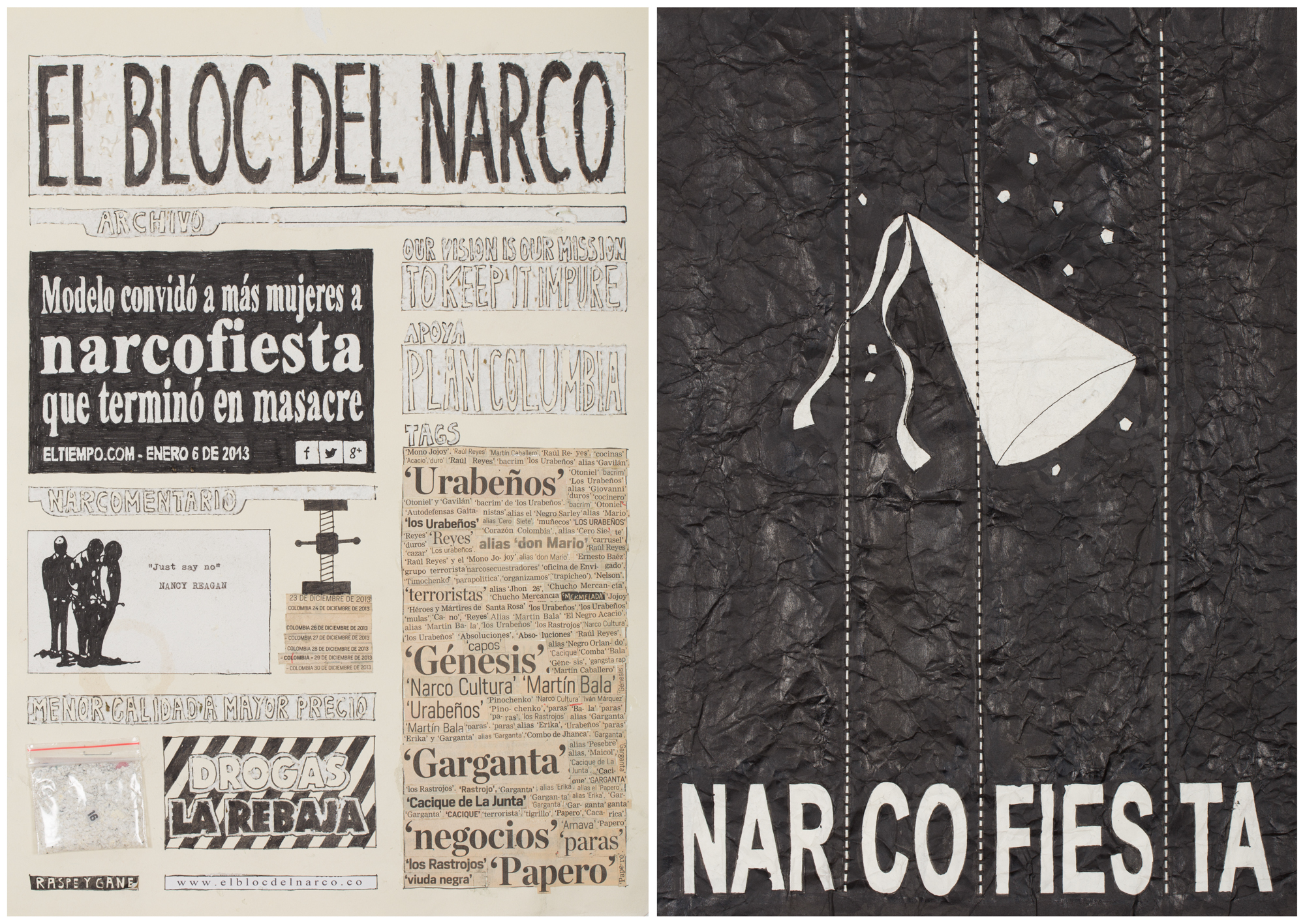 Camilo Restrepo. <em>El Bloc Del Narco #16</em>, 2016. Ink, water-soluble wax pastel, tape, glue, newspaper clippings, staples, plastic bag, paper dust and saliva on paper, 16 1/2 x 24 inches (41.9 x 61 cm)