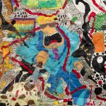 Camilo Restrepo. <em>Mera Calentura 2</em>, 2017. Ink, water-soluble wax pastel, tape, newspaper clippings, glue, stickers and saliva on paper, 58 x 248 inches (147.3 x 629.9 cm) Detail