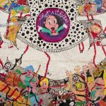 Camilo Restrepo. <em>Mera Calentura 2</em>, 2017. Ink, water-soluble wax pastel, tape, newspaper clippings, glue, stickers and saliva on paper, 58 x 248 inches (147.3 x 629.9 cm) Detail