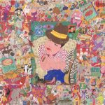 Camilo Restrepo. <em>Bowling for Medellín 3</em>, 2016. Ink, water soluble wax pastel, tape, newspaper clippings, glue, stickers and saliva on paper, 58 1/2 x 106 1/2 inches (148.6 x 270.5 cm)