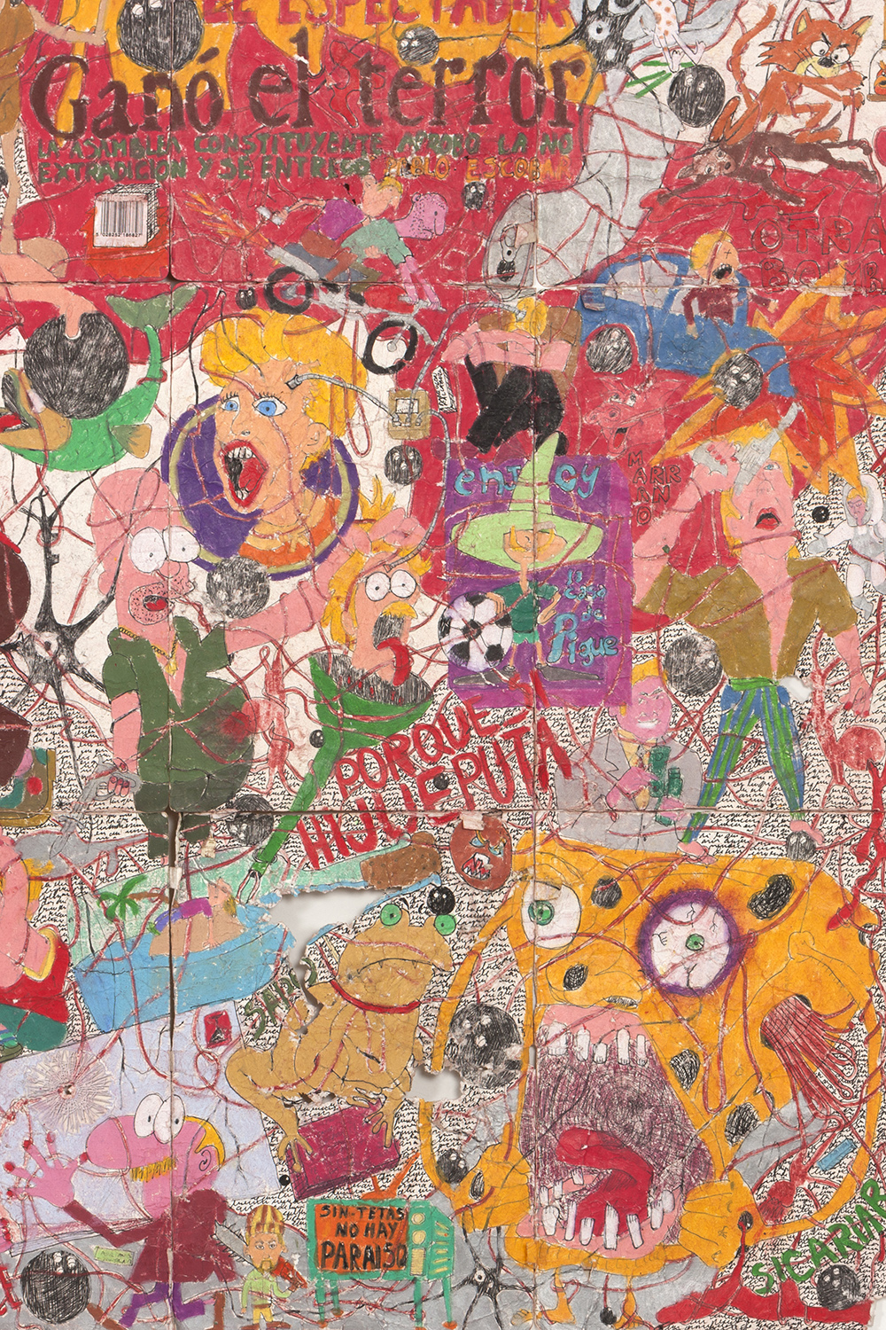Camilo Restrepo. <em>Bowling for Medellín 3</em>, 2016. Ink, water soluble wax pastel, tape, newspaper clippings, glue, stickers and saliva on paper, 58 1/2 x 106 1/2 inches (148.6 x 270.5 cm) Detail