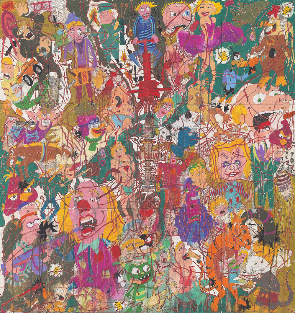 Camilo Restrepo. <em>A Land Reform 12</em>, 2016. Ink, water-soluble wax pastel, tape, stickers, newspaper clippings, glue and saliva on paper, 35 x 31 inches  (88.9 x 78.7 cm)