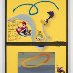 Yung Jake. <em>roadrunner (w mario, princess peach, diddy kong and wolverine)</em>, 2017. UV print, spray paint, tape and ink on powder coated steel, found metal and monitor, 51 x 40 1/2 inches  (129.5 x 102.9 cm)