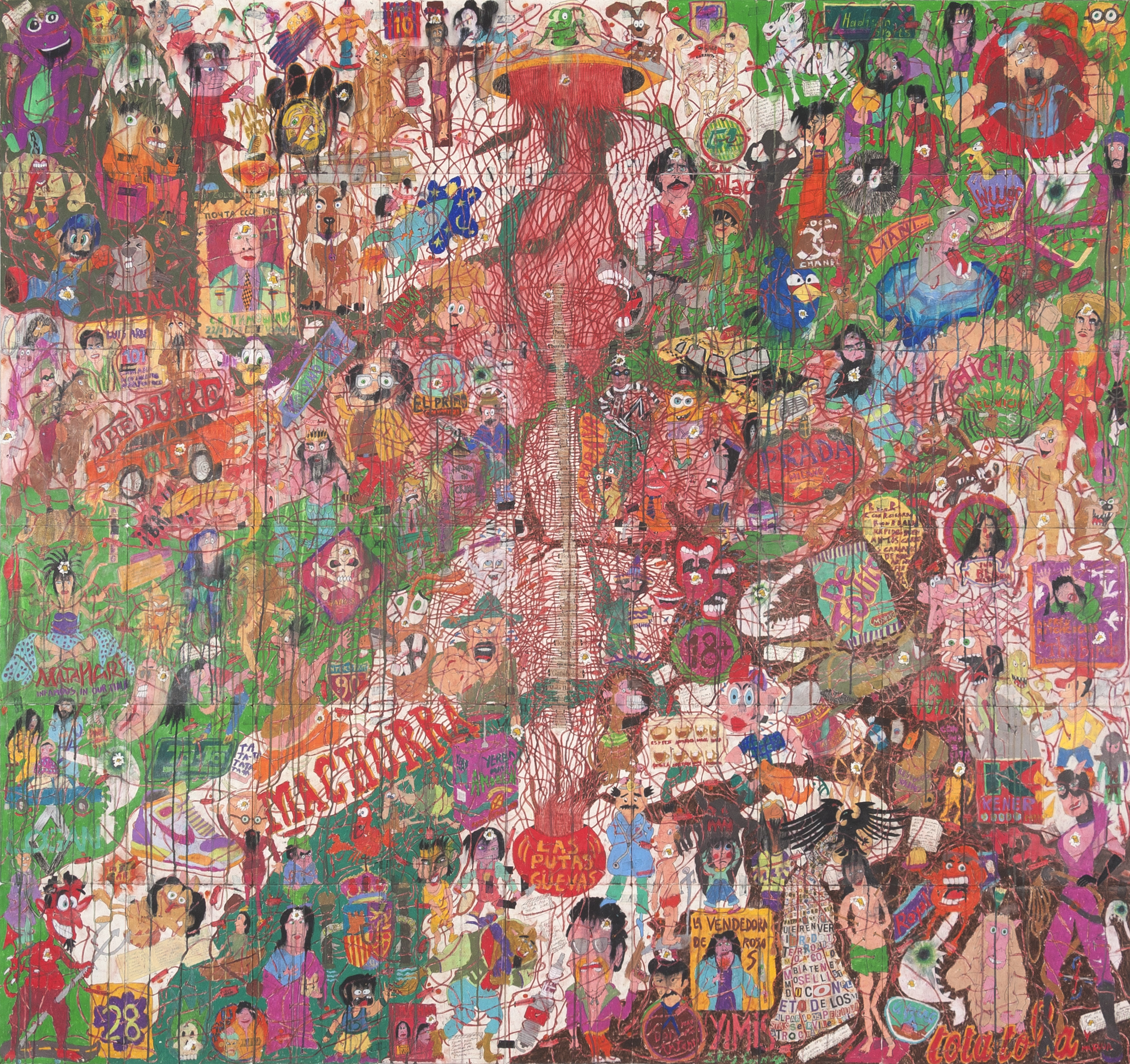 Camilo Restrepo. <em>A Land Reform 9</em>, 2016. Ink, water-soluble wax pastel, tape, stickers, newspaper clippings, glue and saliva on paper, 70 x 74 1/2 inches  (177.8 x 189.2 cm)