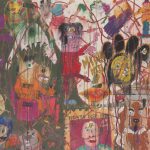 Camilo Restrepo. <em>A Land Reform 9</em>, 2016. Ink, water-soluble wax pastel, tape, stickers, newspaper clippings, glue and saliva on paper, 70 x 74 1/2 inches (177.8 x 189.2 cm) Detail