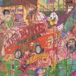 Camilo Restrepo. <em>A Land Reform 9</em>, 2016. Ink, water-soluble wax pastel, tape, stickers, newspaper clippings, glue and saliva on paper, 70 x 74 1/2 inches  (177.8 x 189.2 cm) Detail