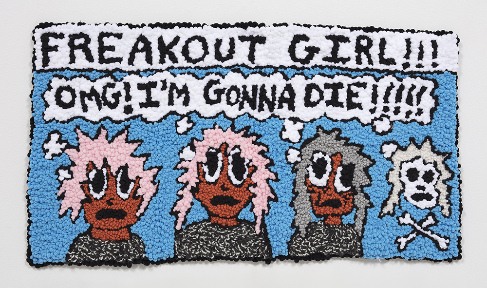 Hannah Epstein, OMG I’M GONNA DIE, 2020 Wool, acrylic, cotton and burlap 20 x 36 inches (50.8 x 91.4 cm)