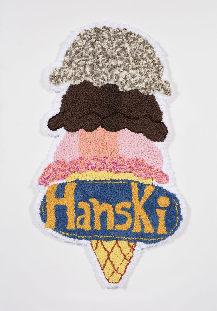 Hannah Epstein Hanski, Ice Cream, 2020 Wool, acrylic, cotton and burlap 54 1/2 x 31 inches (138.4 x 78.7 cm)