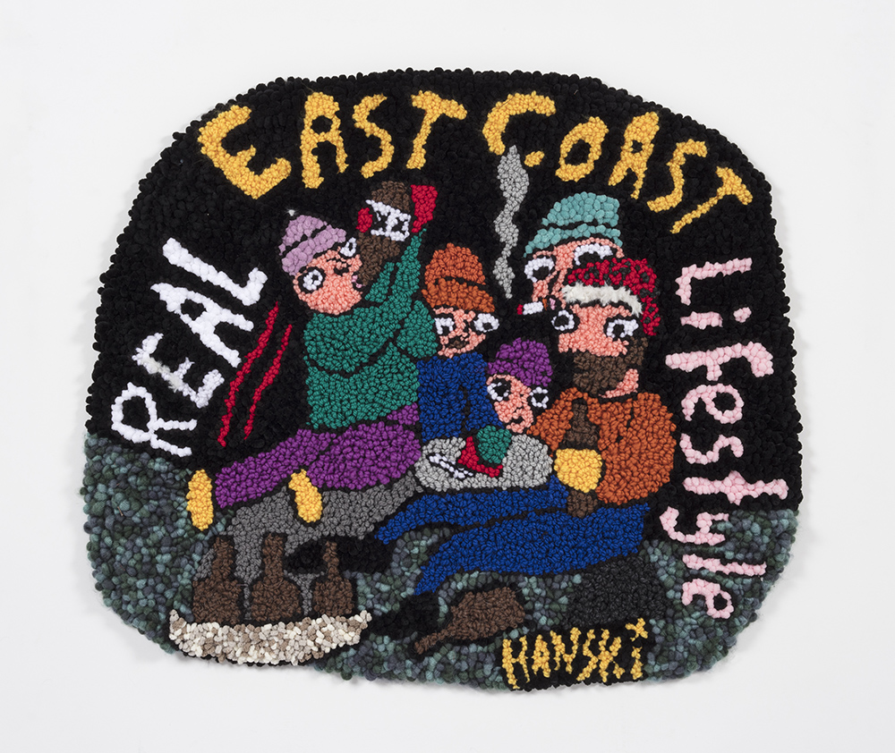 Hannah Epstein, Real East Coast Lifestyle, 2020 Wool, acrylic, cotton and burlap 32 x 37 1/2 inches (81.3 x 95.3 cm)