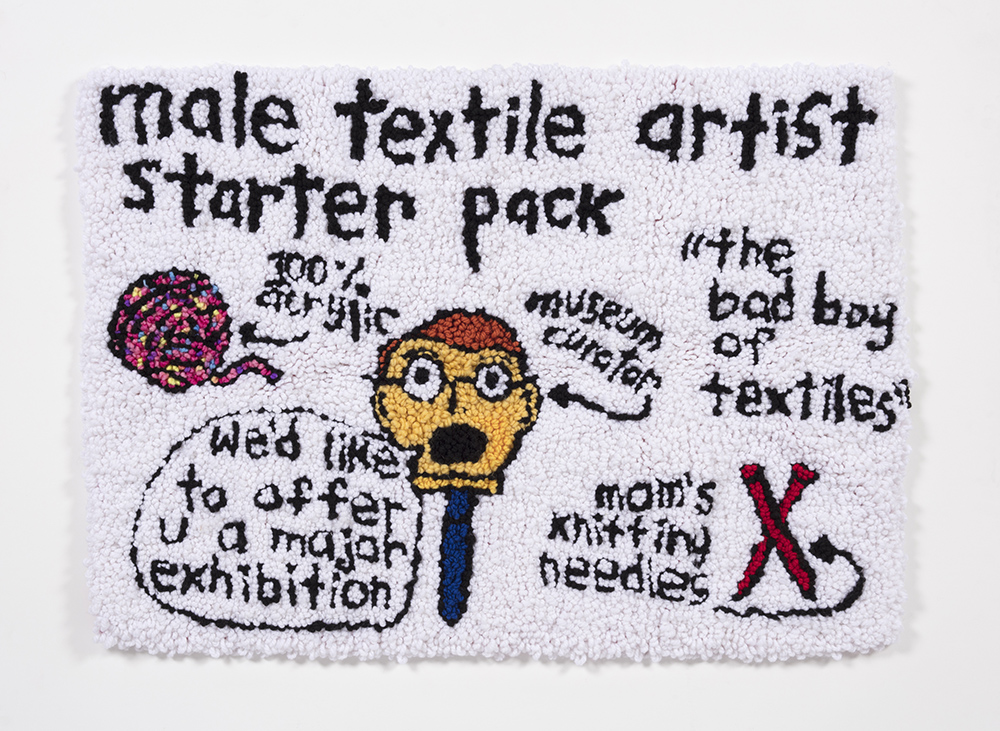 Hannah Epstein, Male Textile Artist Starter Pack , 2020 Acrylic and burlap 26 x 36 inches (66 x 91.4 cm)