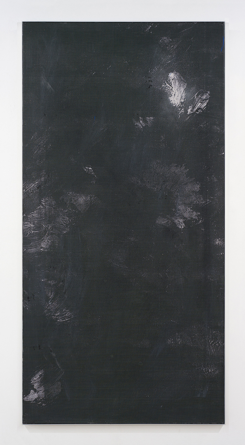 Manor Grunewald. <em>Untitled (Wormhole_02)</em>, 2018. UV print on polyester mesh fabric, oil, acrylic and spray paint on canvas, 78 3/4 x 39 3/8 inches (200 x 100 cm)
