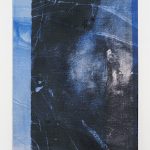 Manor Grunewald. <em>Untitled (Wormhole_05)</em>, 2018. UV print on polyester mesh fabric, oil, acrylic and spray paint on canvas, 78 3/4 x 39 3/8 inches (200 x 100 cm)