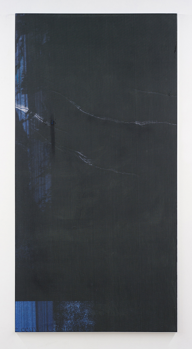 Manor Grunewald. <em>Untitled (Wormhole_06)</em>, 2018. UV print on polyester mesh fabric, oil, acrylic and spray paint on canvas, 78 3/4 x 39 3/8 inches (200 x 100 cm)