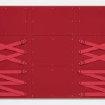 Joshua Saunders. <em>Nine Panel Red</em>, 2017. Urethane on aluminum, nylon straps and stainless steel, 54 x 81 inches (137.2 x 205.7 cm)