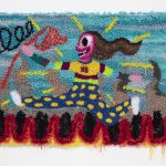 Hannah Epstein. <em> Running Through Hell With a Butterfly Net</em>, 2018. Wool, acrylic, polyester, cotton, burlap, 46 x 68 inches  (116.8 x 172.7 cm)