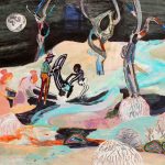 Elizabeth Huey. <em>Impenetrable Moon</em>, 2018. Acrylic, china marker, collage, graphite and ink on paper, 22 x 29  1/2 inches  (55.9 x 74.9 cm)