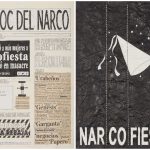 Camilo Restrepo. <em>El Bloc Del Narco #16, </em> 2016. Ink, water-soluble wax pastel, tape, glue, newspaper clippings, staples, plastic bag, paper dust and saliva on paper, 16 1/2 x 24 (41.9 x 61 cm)