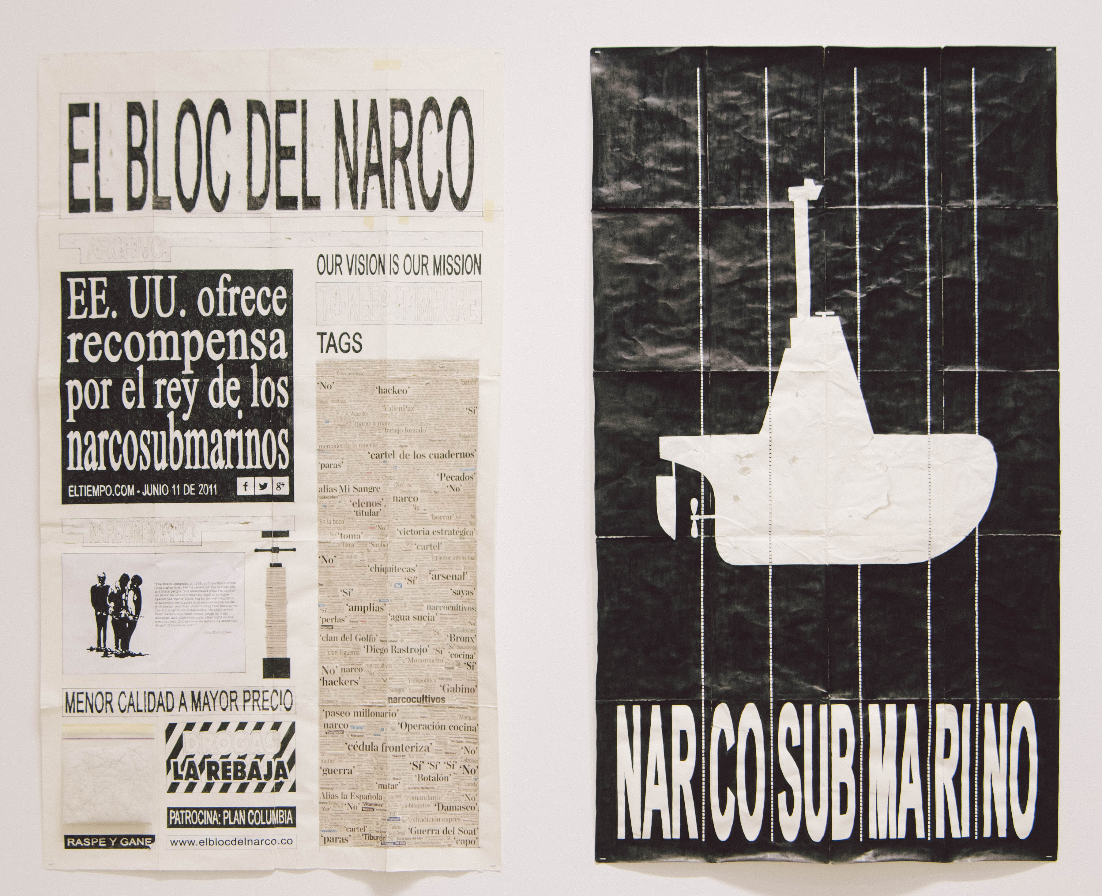 Camilo Restrepo. <em>El Bloc Del Narco #14, </em> 2016. Ink, water-soluble wax pastel, tape, glue, newspaper clippings, staples, plastic bag, paper dust and saliva on paper, 58 x 66 (147.3 x 147.6 cm)