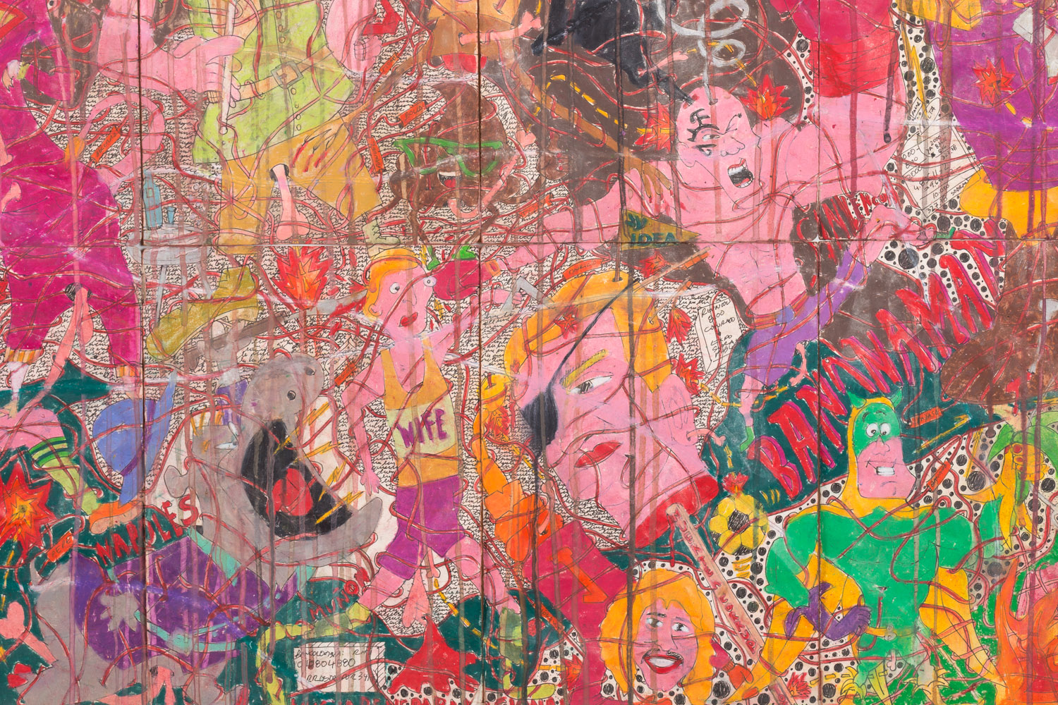 Camilo Restrepo. <em>A Land Reform 17, </em>2019. Ink, water-soluble wax pastel, tape, stickers, newspaper clippings, glue and saliva on paper, 46 3/4 x 115 3/4 inches (118.7 x 294 cm) Detail
