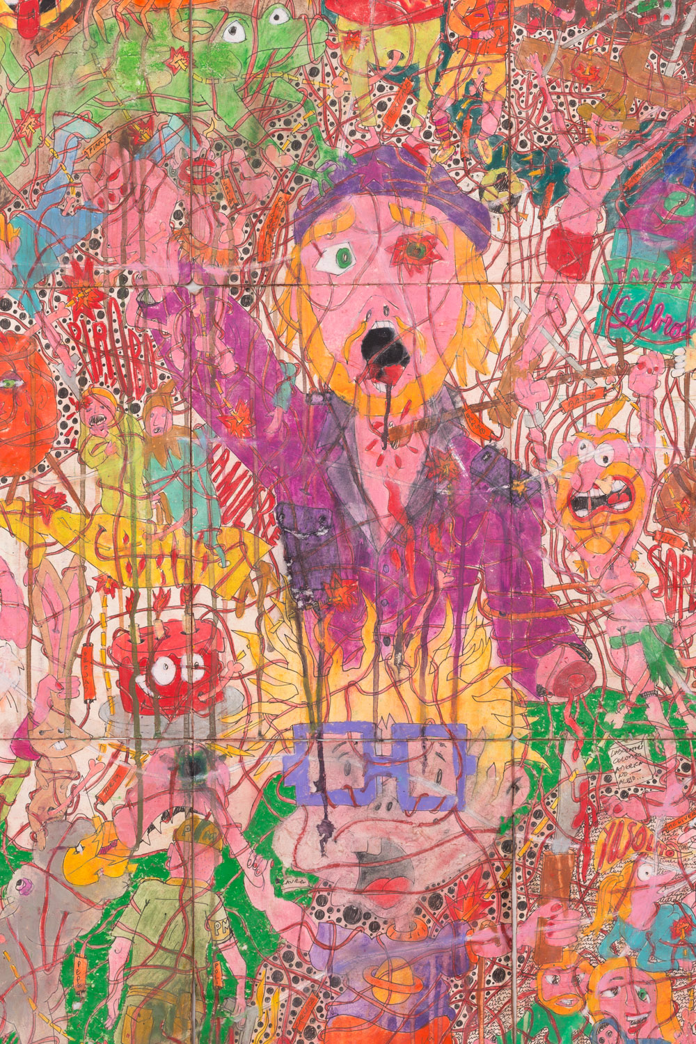 Camilo Restrepo. <em>A Land Reform 17, </em>2019. Ink, water-soluble wax pastel, tape, stickers, newspaper clippings, glue and saliva on paper, 46 3/4 x 115 3/4 inches (118.7 x 294 cm) Detail