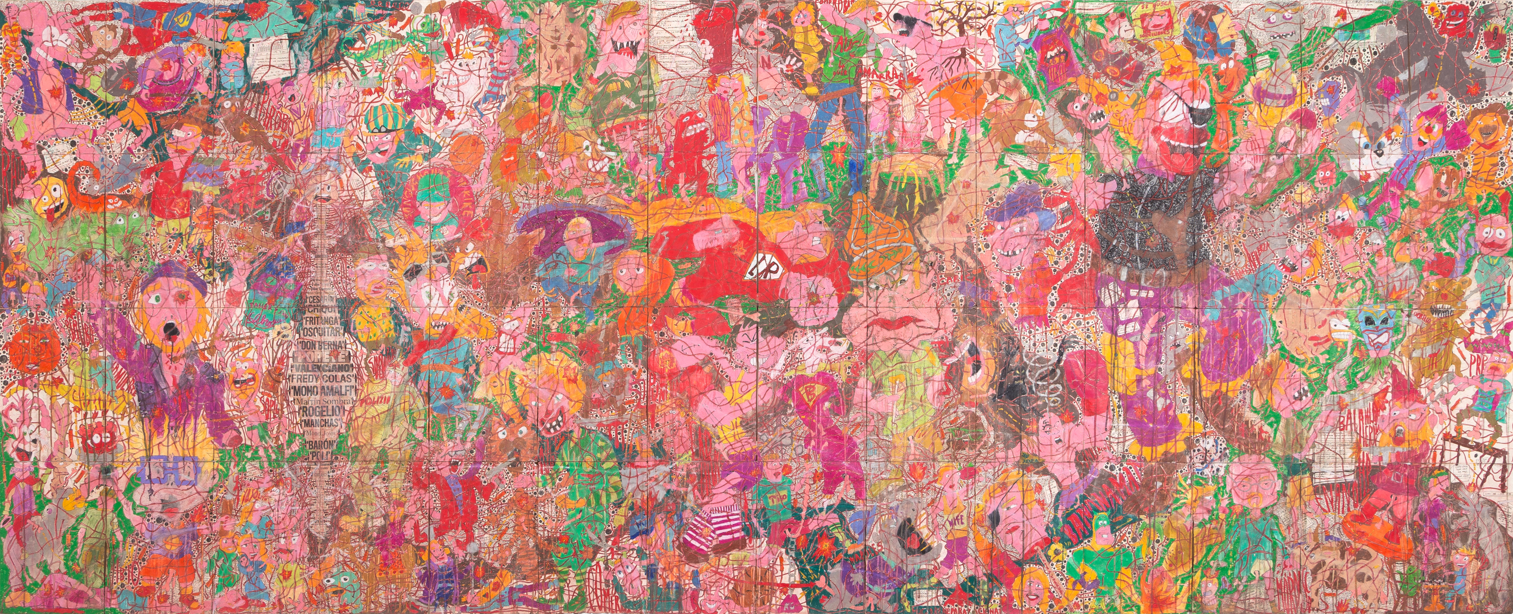 Camilo Restrepo. <em>A Land Reform 17, </em>2019. Ink, water-soluble wax pastel, tape, stickers, newspaper clippings, glue and saliva on paper, 46 3/4 x 115 3/4 inches (118.7 x 294 cm)
