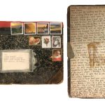 Mitsuko Brooks. <em>Mail to S.T., Dec. 2, 2018</em>, 2018. Ink, postage stamps, and paper collaged onto detached book cover, 9 1/2 x 7 inches (24.1 x 17.8 cm)