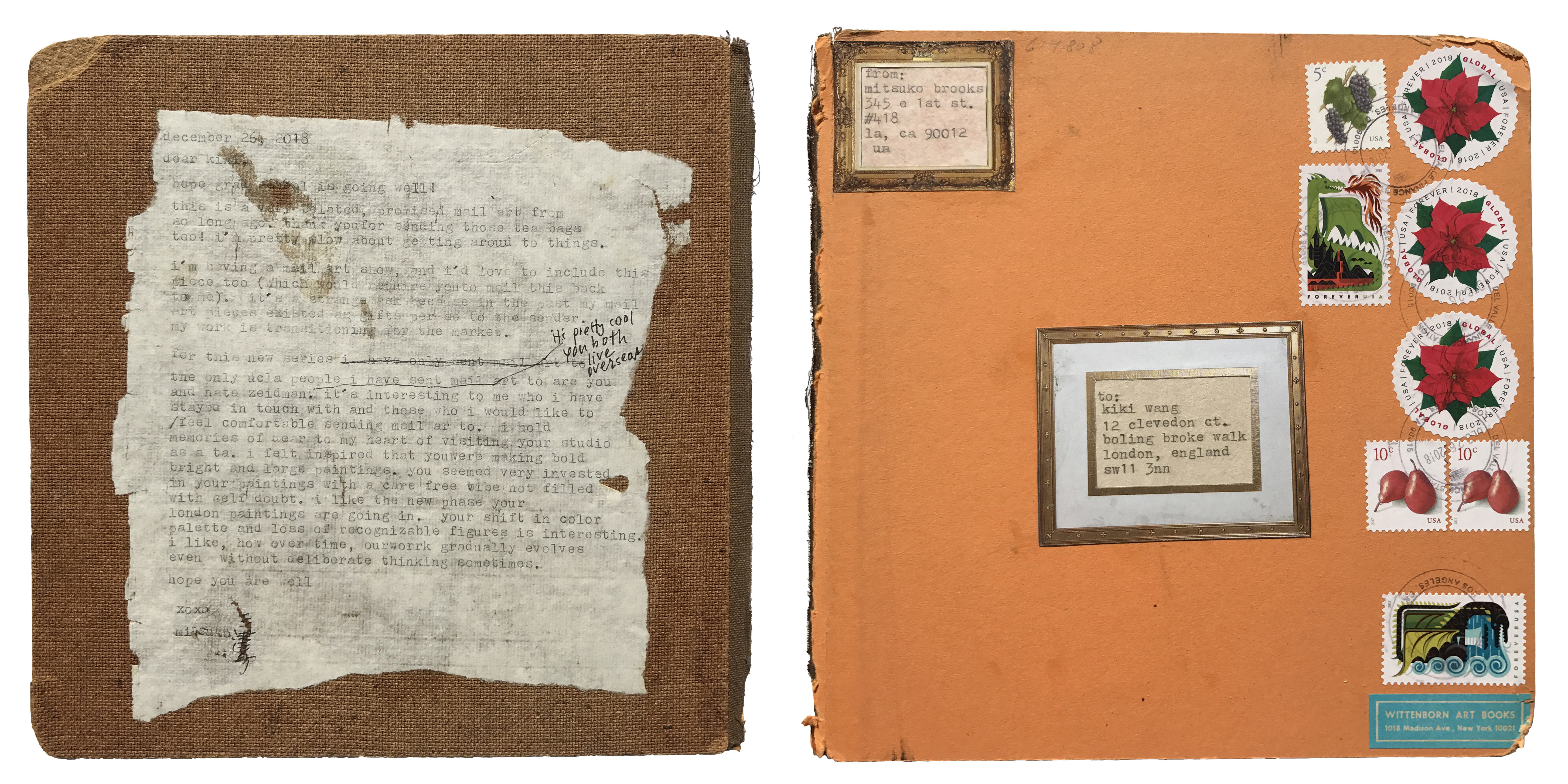 Mitsuko Brooks. <em>Mail to K.W., Dec. 26, 2018</em>, 2018. Ink, postage stamps, and paper collaged onto detached book cover, 8 1/8 x 8 inches (20.5 x 20.3 cm)