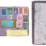Mitsuko Brooks. <em>Mail to A.S., Dec. 22, 2018</em>, 2018. Ink, postage stamps, and paper collaged onto detached book cover, 9 1/2 x 6 1/4 inches (24 x 16 cm)