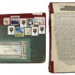Mitsuko Brooks. <em>Mail to Z.M., Nov. 22, 2018</em>, 2018. Ink, postage stamps, and paper collaged onto detached book cover, 9 7/8 x 7 1/4 inches (25 x 18 cm) thumbnail
