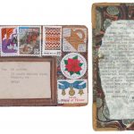 Mitsuko Brooks. <em>Mail to E.R., Jan. 7, 2018</em>, 2018. Ink, postage stamps, and paper collaged onto detached book cover, 6 3/4 x 4 3/8 inches (17 x 11 cm)
