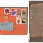 Mitsuko Brooks. <em>Mail to M.S., Dec. 22, 2018</em>, 2018. Ink, postage stamps, and rice paper collaged onto detached book cover, 3 5/8 x 2 3/8 inches (9.3 x 6 cm)