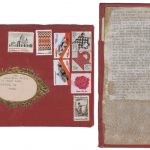 Mitsuko Brooks. <em>Mail to C.F., Jan. 19, 2019</em>, 2019. Ink, postage stamps, and paper collaged onto detached book cover, 8 7/8 x 6 1/4 inches (22.5 x 16 cm)