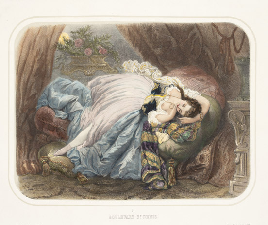 Attributed to Pierre Numa Bassaget, called Numa (1802-1872). <em>Boulevart St. Denis</em>, c. 1855. Color lithograph.