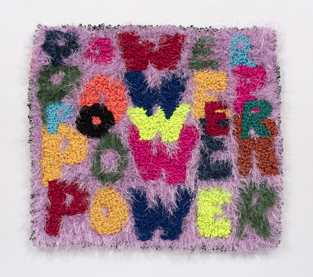 Hannah Epstein. <em>Power Piece</em>, 2019. Wool, acrylic, polyester and burlap, 27 x 30 inches (68.6 x 76.2 cm)