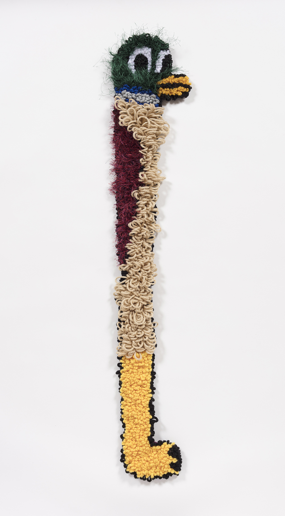 Hannah Epstein. <em>Duck Cane</em>, 2019. Wool, acrylic, polyester and burlap, 43 x 8.5 inches  (109.2 x 21.6 cm)