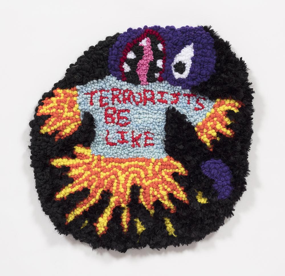 Hannah Epstein. <em>It's Actually Really Sad That...</em>, 2019. Wool, acrylic, polyester and burlap, 13 1/2 x 13 1/2 inches  (34.3 x 34.3 cm)