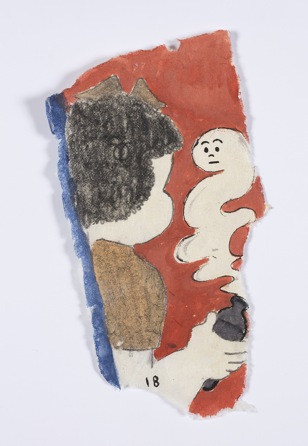Kevin McNamee-Tweed. <em>Nancy with Genie or Ghost</em>, 2019. Graphite, colored pencil, and ink on mulberry paper, 6 3/4 x 3 1/2 inches  (17.1 x 8.9 cm)
