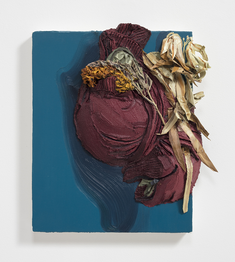 Herman Aguirre.<em> Abrazo</em>, 2019. Oil and acrylic on canvas, 21 x 18 1/2 x 4 1/2 inches  (53.3 x 47 x 11.4 cm)
