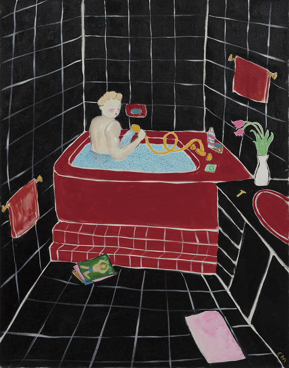 Claire Milbrath. <em> Black Bathroom Red Tub</em>, 2019. Oil on canvas, 22 x 28 inches (55.9 x 71.1 cm)