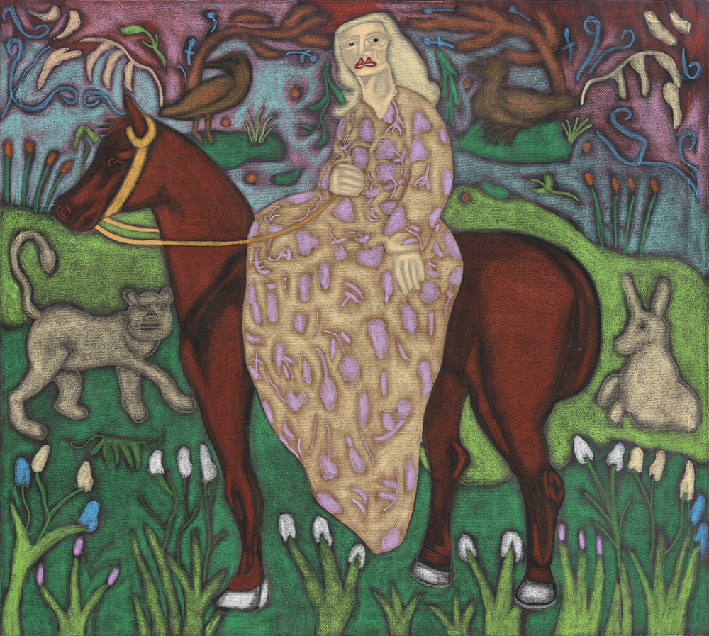 Dominic Dispirito.<em> Dam, Filly, Cat, Rabbit, Duck, Pond</em>, 2019. Oil and acrylic on jekyll canvas, 70 7/8 x 78 3/4 inches (180 x 200 cm)