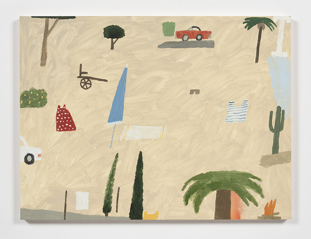 Mariel Capanna.<em> Umbrella, Beach Towel, Palm Tree, Fire</em>, 2019. Oil and wax on panel, 18 x 24 inches (45.7 x 61 cm)