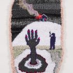 Hannah Epstein.<em> At the river with my baby</em>, 2019. Acrylic, polyester, wool, 45 x 23 inches (114.3 x 58.4 cm)